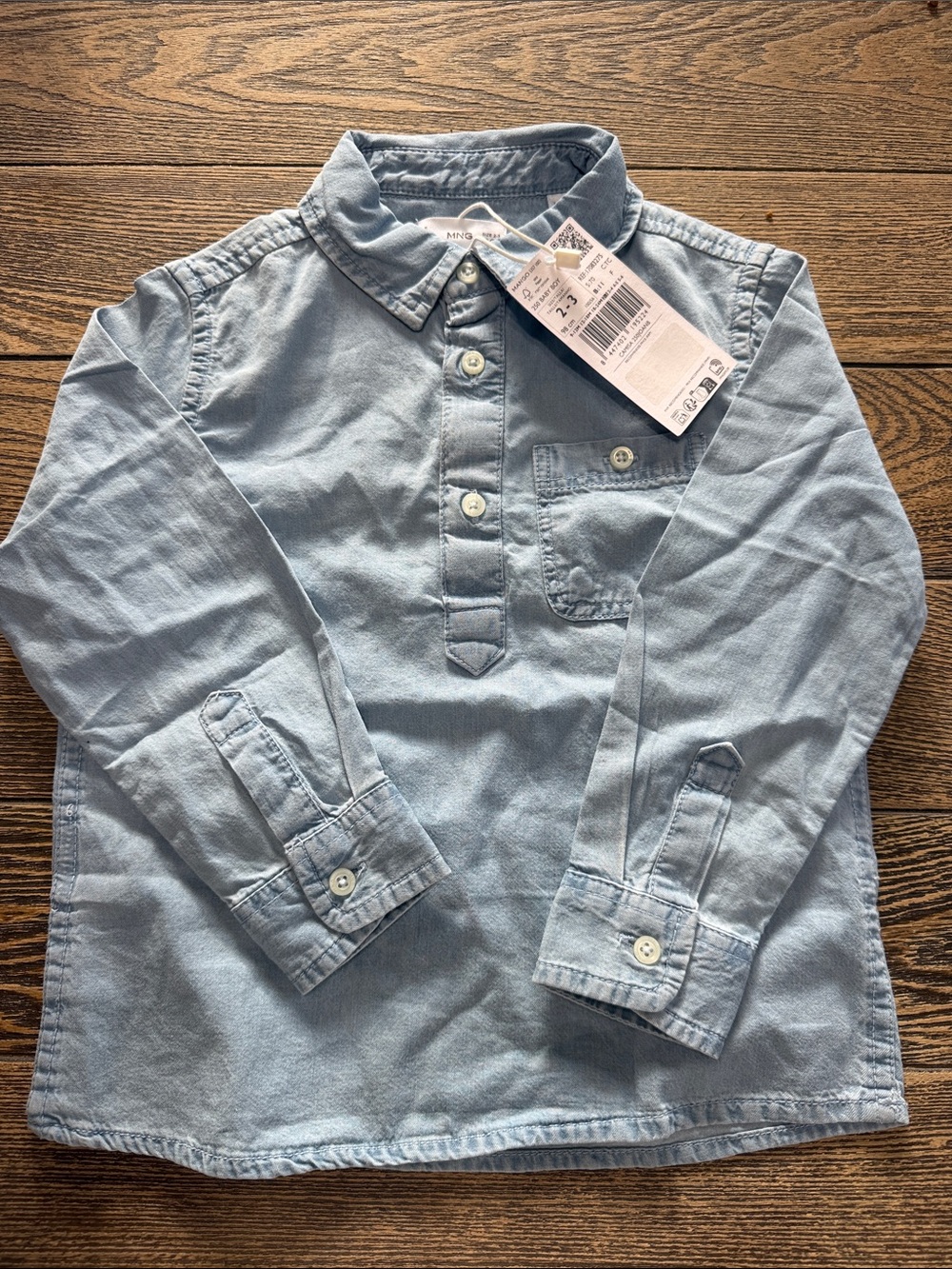 Mango Light Blue Long-Sleeve Button Placket Kids Shirt Size 2-3‎ Denim